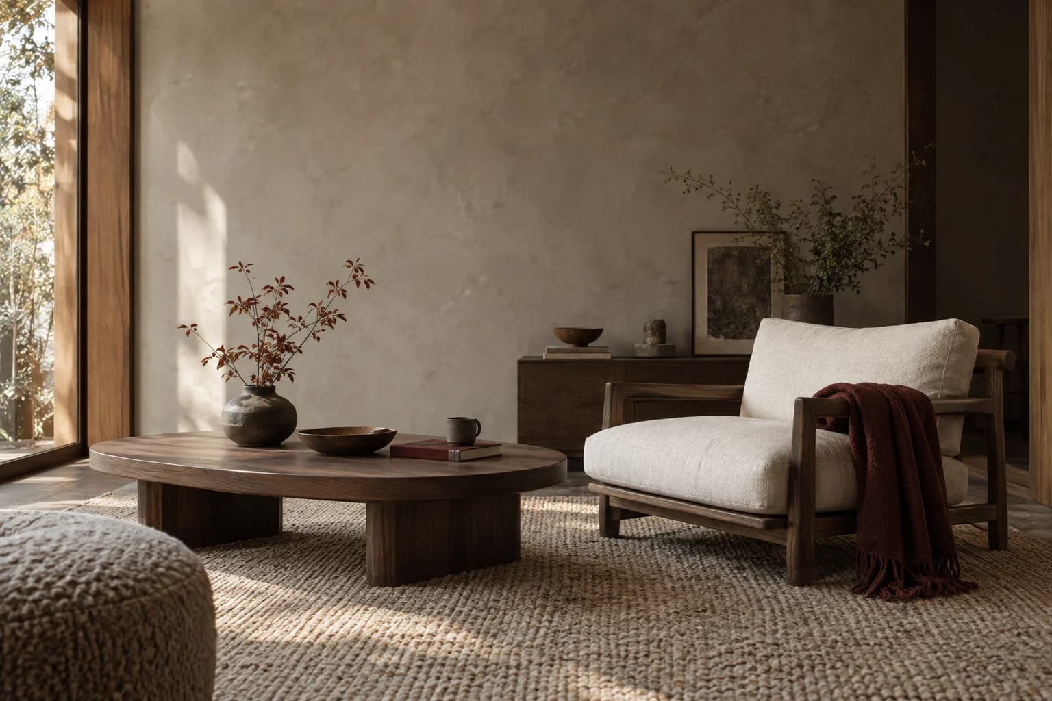 A concept room with a walnut lounge chair, linen upholstery, a low table and a textured rug in warm window light.